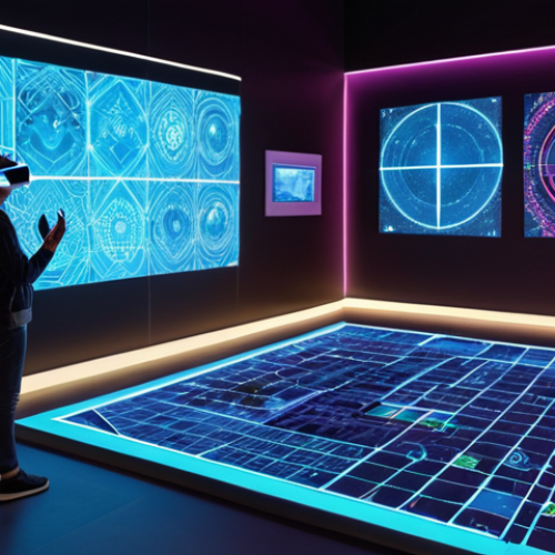 **

A vibrant VR world scene showing a user interacting with a virtual plot of land. The land has a small art gallery on it displaying digital art. In the background, blockchain transaction symbols subtly float, representing ownership and security.

**
