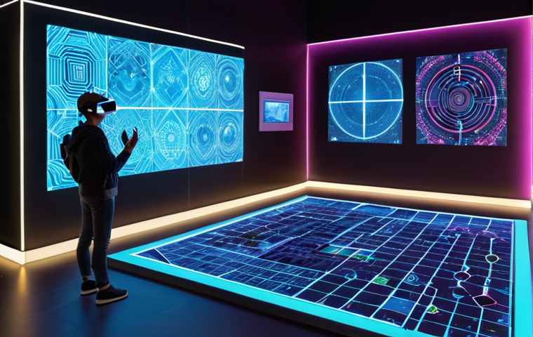 **

A vibrant VR world scene showing a user interacting with a virtual plot of land. The land has a small art gallery on it displaying digital art. In the background, blockchain transaction symbols subtly float, representing ownership and security.

**