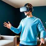 A young adult in fully clothed, modest attire, wearing a sleek, modern VR headset, standing in a brightly lit contemporary living room. They are gesturing with controllers, fully immersed in a dynamic mixed reality game where vibrant, family-friendly virtual elements like playful fantastical creatures seamlessly interact with the real environment. The scene is captured with soft, natural lighting, reflecting professional photography, showcasing perfect anatomy, correct proportions, a natural pose, well-formed hands, and proper finger count. This image is safe for work and appropriate content.