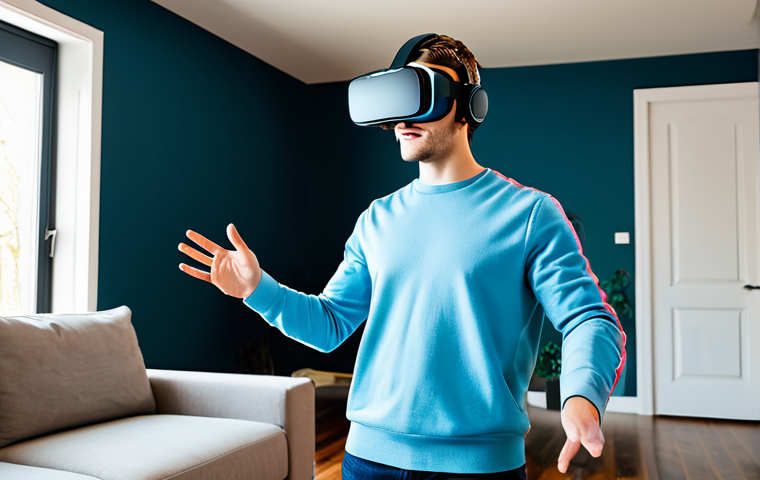 A young adult in fully clothed, modest attire, wearing a sleek, modern VR headset, standing in a brightly lit contemporary living room. They are gesturing with controllers, fully immersed in a dynamic mixed reality game where vibrant, family-friendly virtual elements like playful fantastical creatures seamlessly interact with the real environment. The scene is captured with soft, natural lighting, reflecting professional photography, showcasing perfect anatomy, correct proportions, a natural pose, well-formed hands, and proper finger count. This image is safe for work and appropriate content.