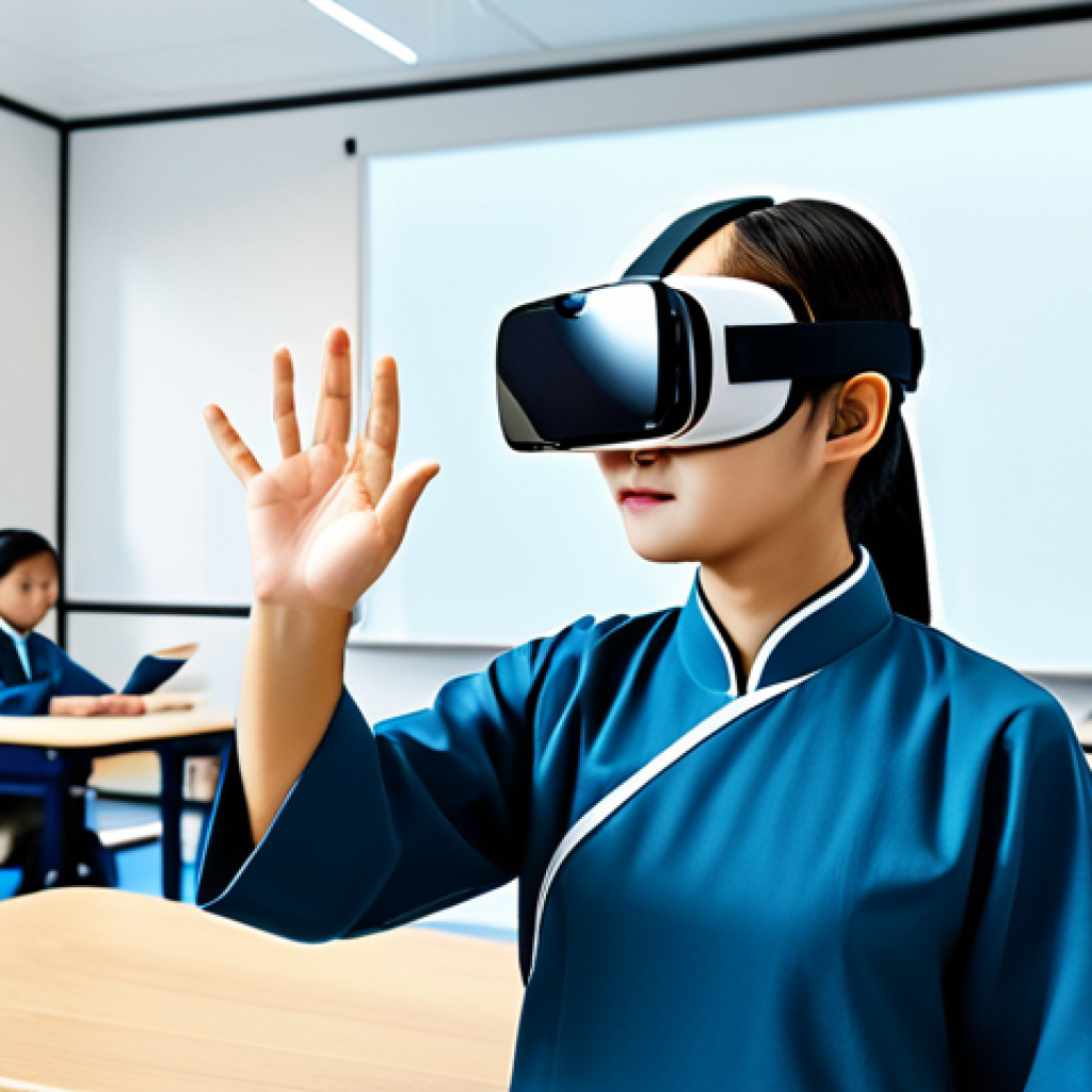 VR Education**

"A fully clothed student wearing a VR headset in a bright, modern classroom, interacting with a historical simulation of ancient China, appropriate attire, safe for work, perfect anatomy, correct proportions, well-formed hands, proper finger count, natural body proportions, family-friendly, professional educational setting, high-quality rendering."

**