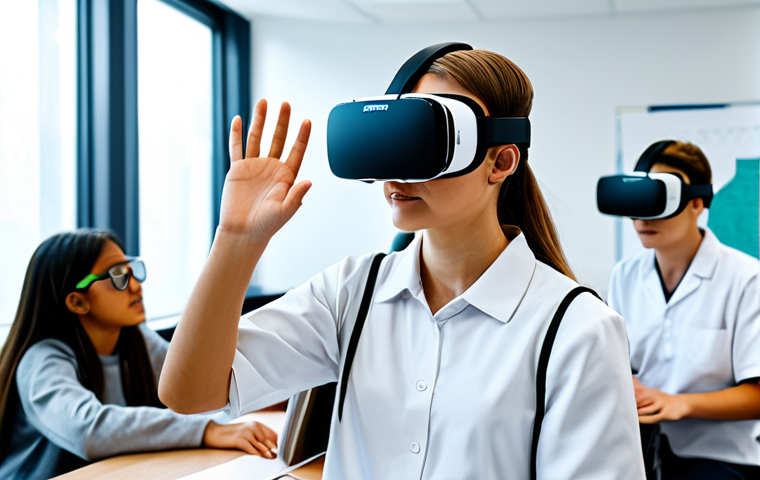 VR Education**

"A group of students in a modern classroom, wearing VR headsets and fully clothed in appropriate attire, participating in an interactive VR learning experience. The scene should depict a virtual laboratory environment on their headsets. Safe for work, professional, family-friendly, perfect anatomy, correct proportions, well-formed hands, natural pose, high quality."

**