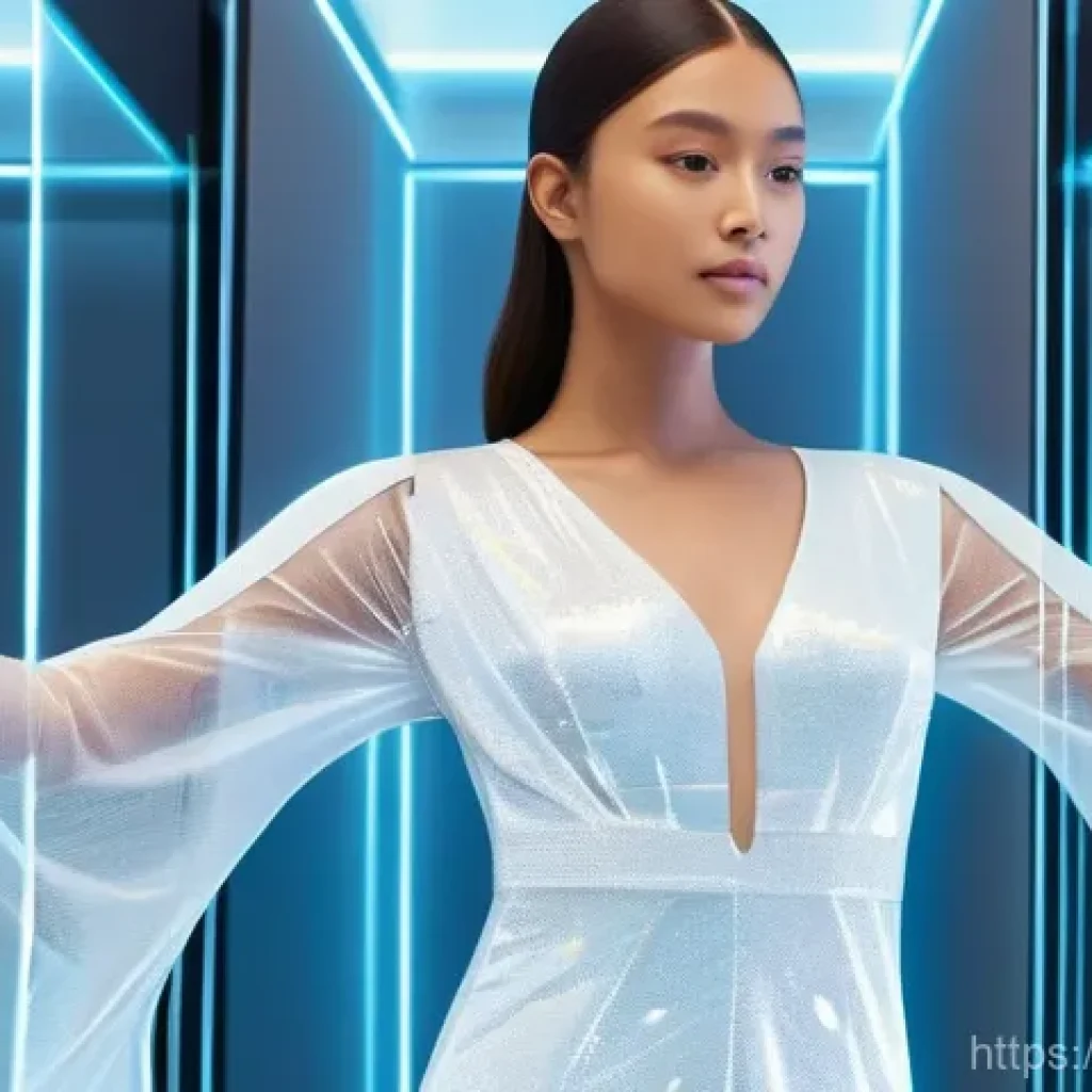 가상현실의 경제적 영향 - **Prompt 1: Futuristic Virtual Fashion Try-On**
    A stylish young woman, approximately 25 years ol...