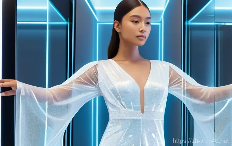 가상현실의 경제적 영향 - **Prompt 1: Futuristic Virtual Fashion Try-On**
    A stylish young woman, approximately 25 years ol...