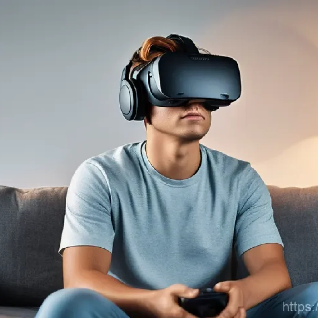 가상현실에서의 신체 반응 - **Prompt:** A young adult, wearing a sleek, modern VR headset and casual home attire (t-shirt and co...