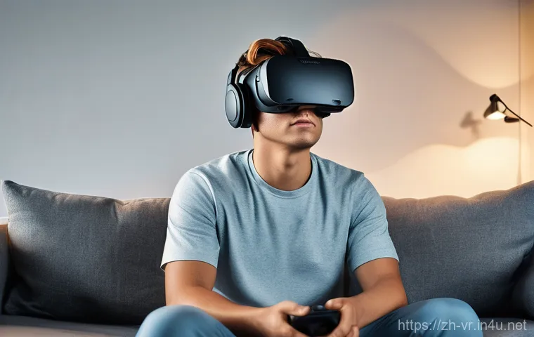 가상현실에서의 신체 반응 - **Prompt:** A young adult, wearing a sleek, modern VR headset and casual home attire (t-shirt and co...