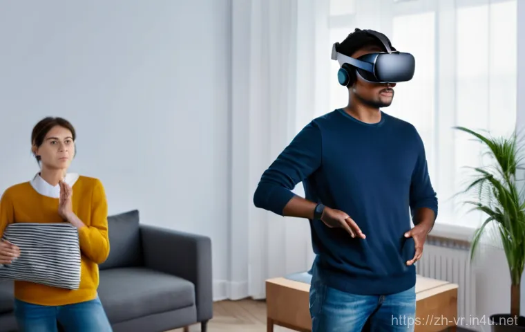 가상현실에서의 신체 반응 - **Prompt:** A young adult, male or female, wearing advanced haptic feedback gloves and a state-of-th...