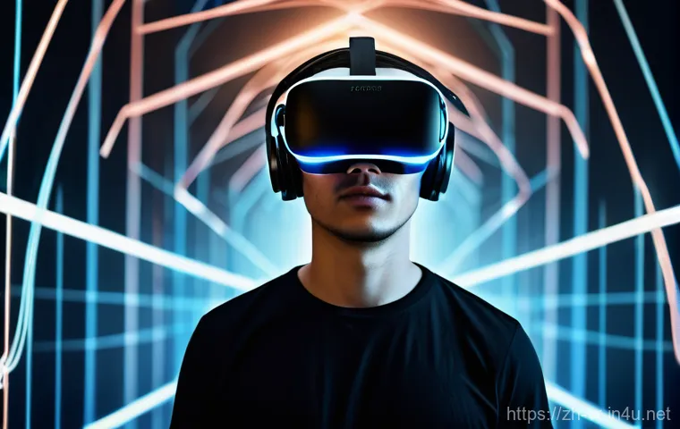 가상현실의 윤리 문제 - **Prompt: "A thoughtful young person, wearing stylish, casual clothing and a sleek, futuristic VR he...