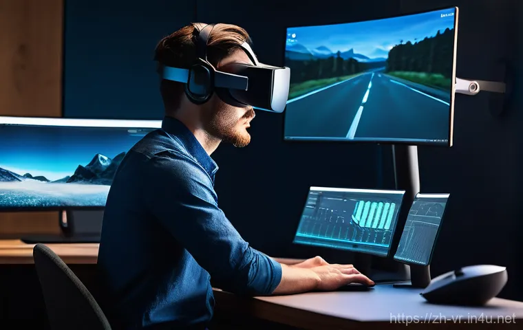 VR 영상 편집 소프트웨어 - **Prompt 1: Focused VR Creator at Work**
    "A vibrant, high-definition, realistic full shot of a y...