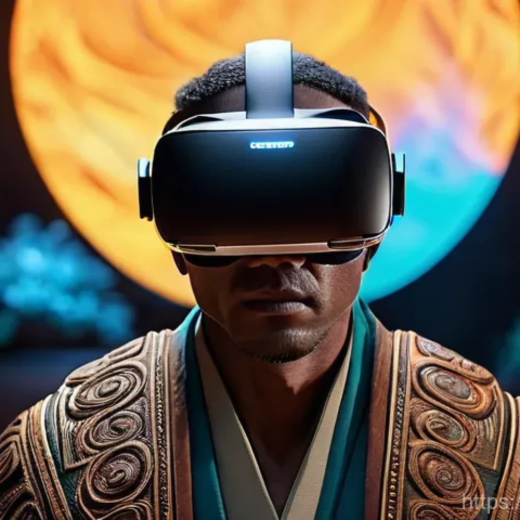 VR 게임의 인공지능 - **Prompt:** A male player, wearing a sleek, futuristic VR headset with glowing accents, gazes in awe...