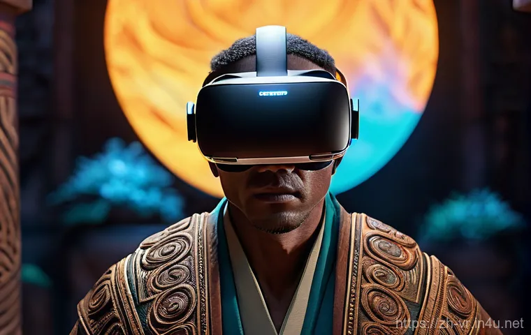 VR 게임의 인공지능 - **Prompt:** A male player, wearing a sleek, futuristic VR headset with glowing accents, gazes in awe...