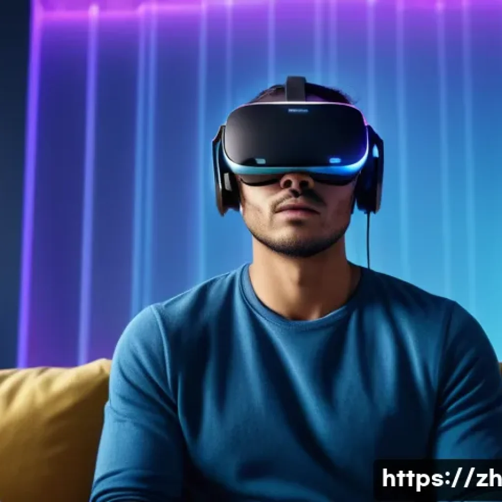 VR의 데이터 보호 이슈 - A futuristic virtual reality user wearing a sleek VR headset and comfortable casual clothing, sittin...