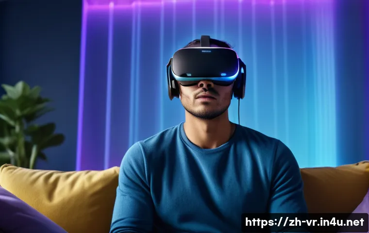 VR의 데이터 보호 이슈 - A futuristic virtual reality user wearing a sleek VR headset and comfortable casual clothing, sittin...