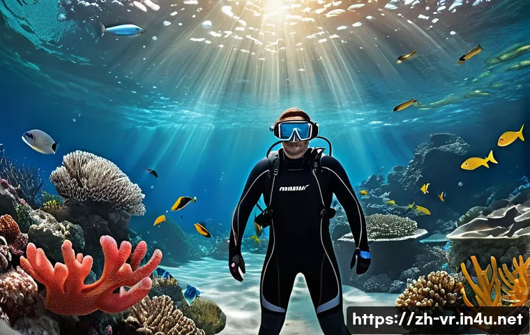 VR 해양학 - An ultra-realistic VR underwater scene featuring vibrant coral reefs with detailed textures and colo...