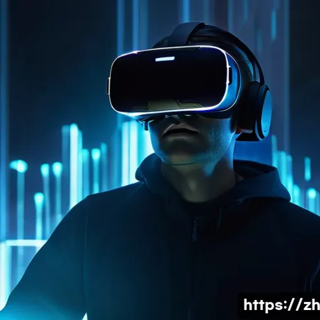 VR과 감정 분석 - A futuristic virtual reality scene showcasing a user wearing a sleek VR headset and biometric sensor...