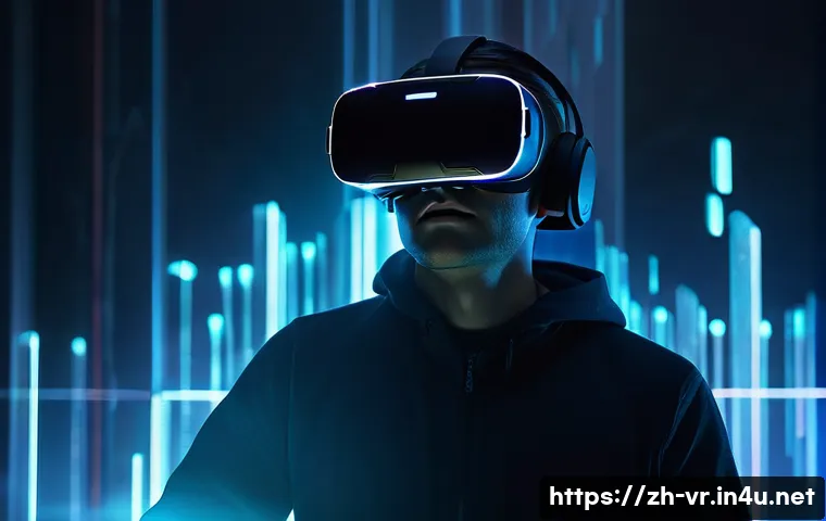VR과 감정 분석 - A futuristic virtual reality scene showcasing a user wearing a sleek VR headset and biometric sensor...