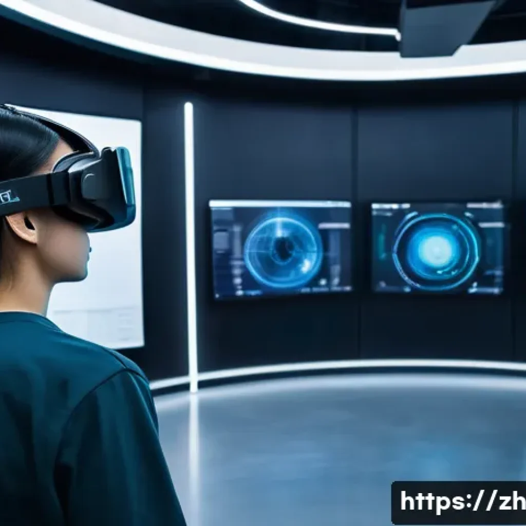 VR 로봇 가상 훈련 - A futuristic training room where a young adult trainee wearing casual clothes and protective VR gear...