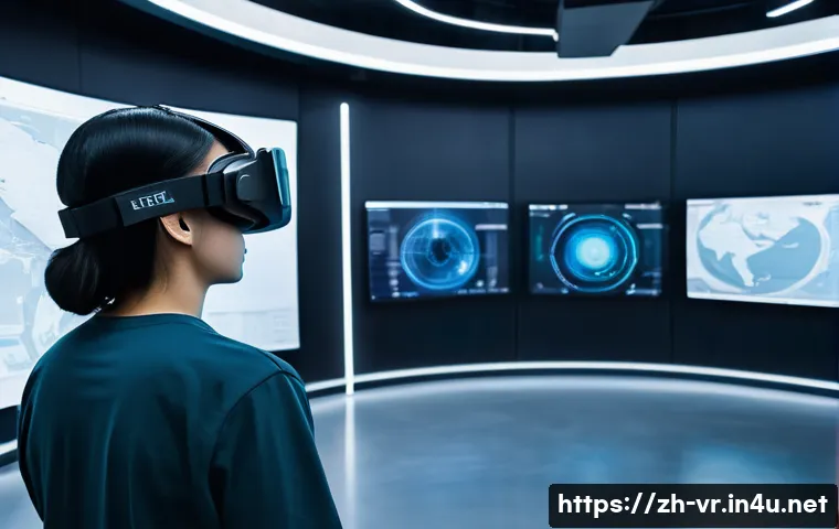 VR 로봇 가상 훈련 - A futuristic training room where a young adult trainee wearing casual clothes and protective VR gear...