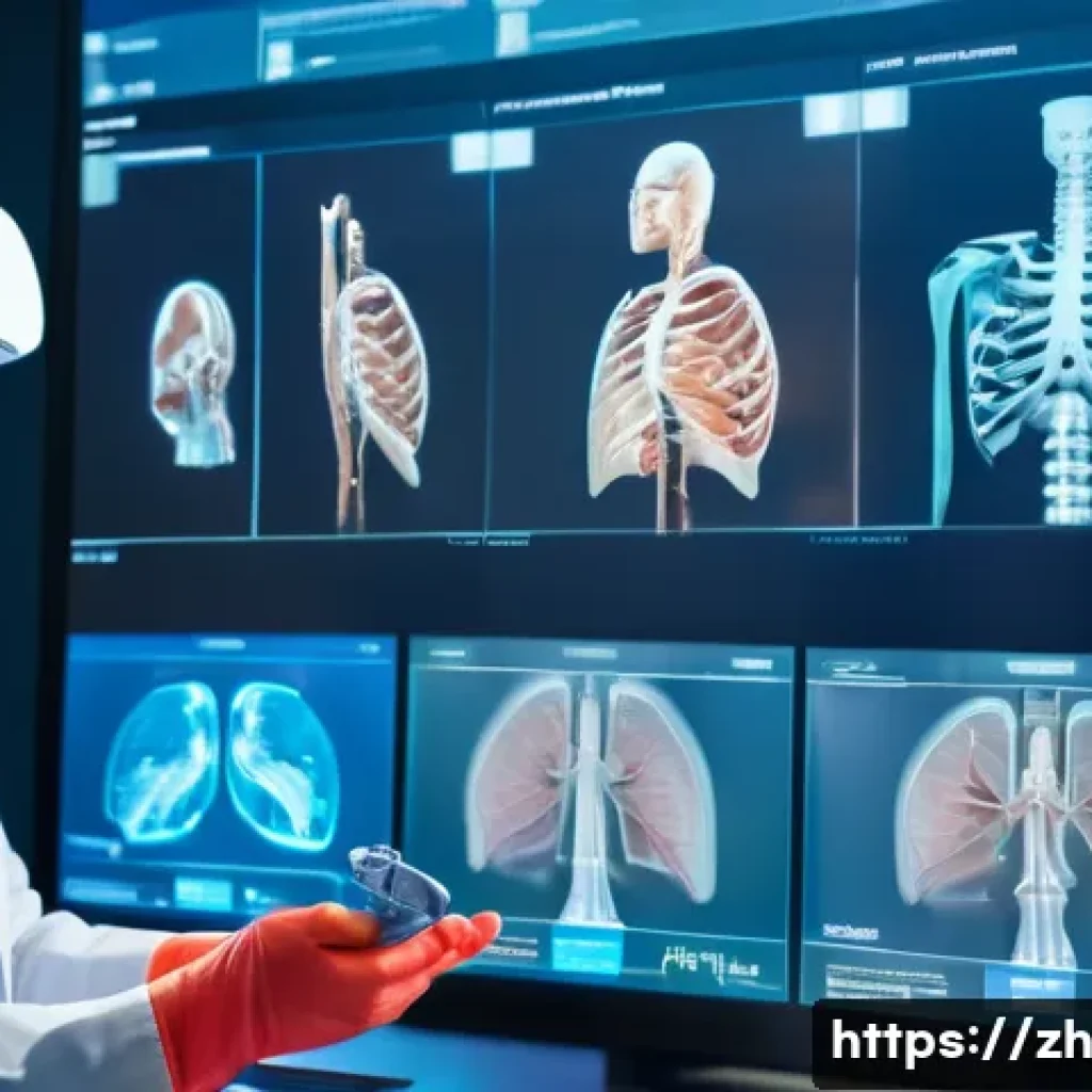 가상현실 실험실 - A highly detailed virtual reality medical training scene showing a young medical student wearing a V...