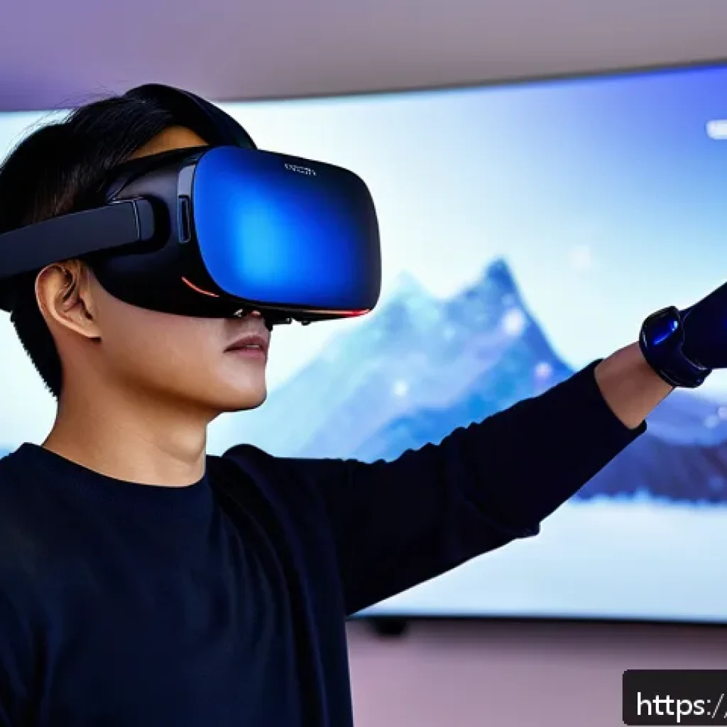 VR 관련 기업 - A futuristic VR user wearing a sleek, lightweight VR headset and vibration gloves, interacting with ...