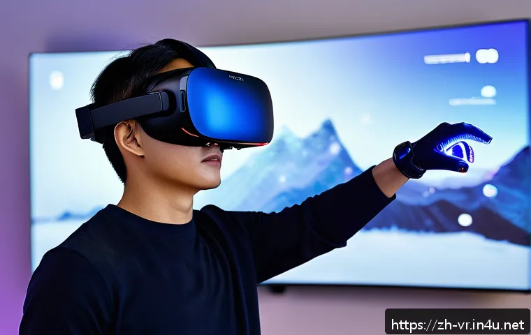 VR 관련 기업 - A futuristic VR user wearing a sleek, lightweight VR headset and vibration gloves, interacting with ...