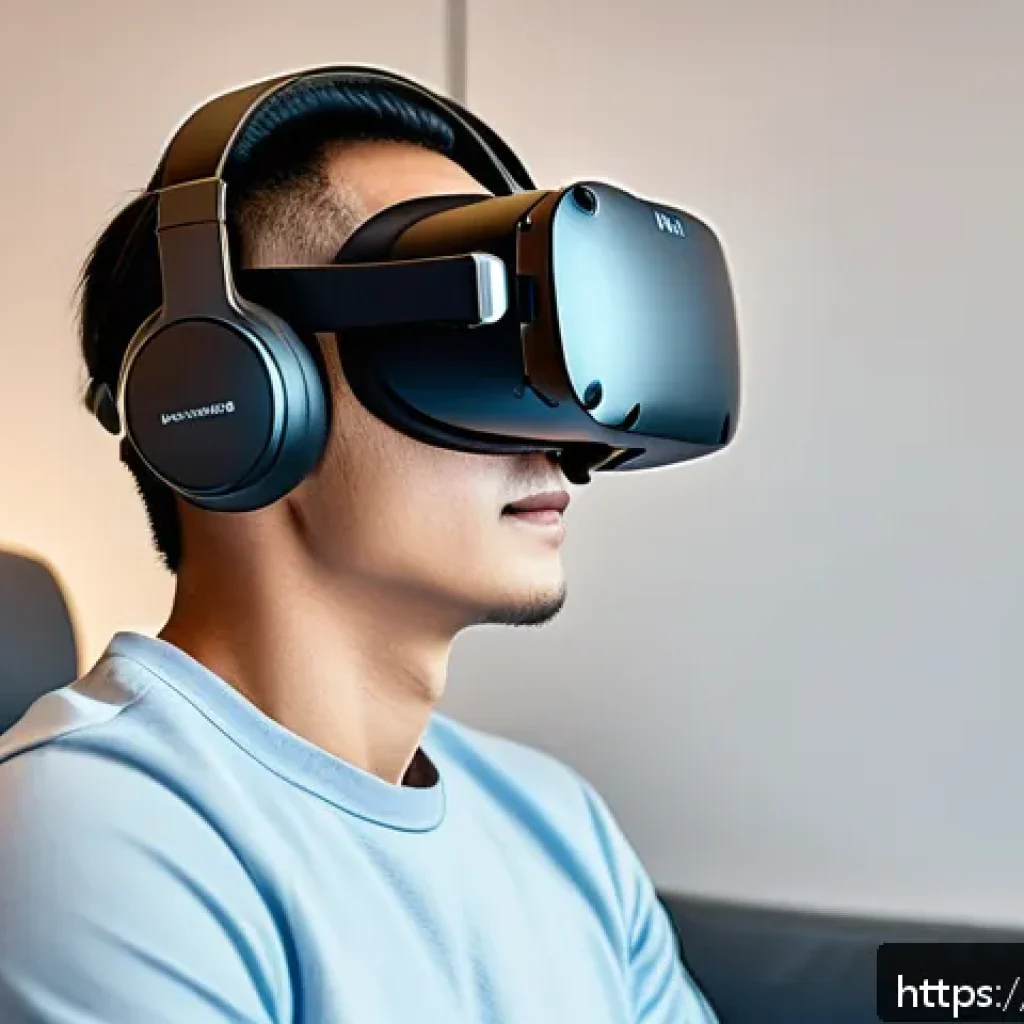 VR로 인한 피로도 - A detailed, realistic scene showing a person wearing a modern VR headset with a lightweight design, ...
