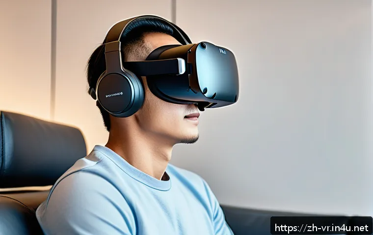 VR로 인한 피로도 - A detailed, realistic scene showing a person wearing a modern VR headset with a lightweight design, ...