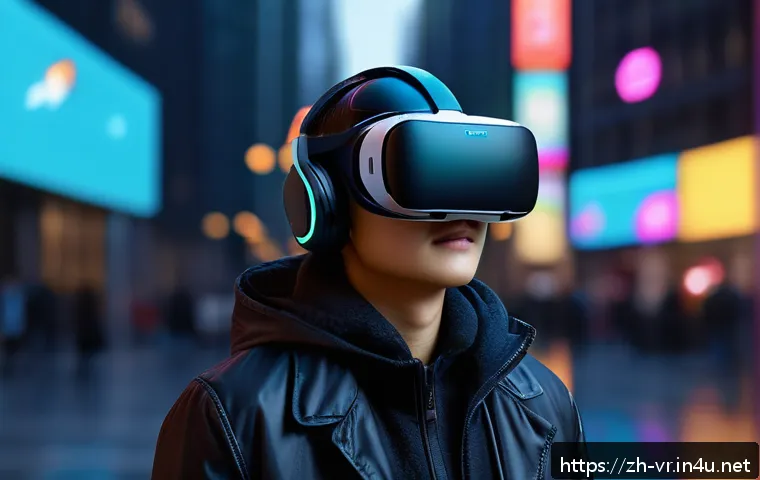 VR 하드웨어 기술 - Ultra-realistic VR headset user immersed in a vibrant virtual world, showcasing a sleek lightweight ...