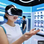 VR 상용화 - A futuristic VR shopping mall scene with diverse young adults wearing comfortable casual clothes and...