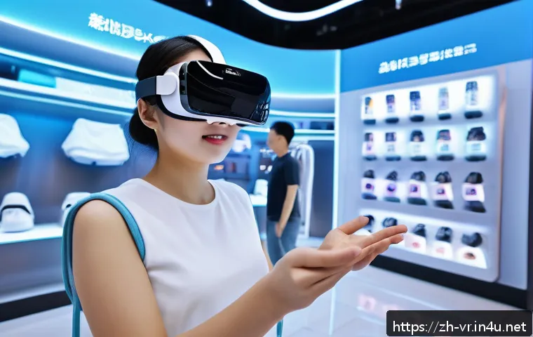VR 상용화 - A futuristic VR shopping mall scene with diverse young adults wearing comfortable casual clothes and...