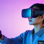 가상현실 제어 시스템 - A futuristic virtual reality setup showcasing a user wearing a sleek, lightweight VR headset with in...