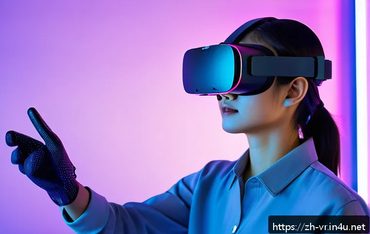 가상현실 제어 시스템 - A futuristic virtual reality setup showcasing a user wearing a sleek, lightweight VR headset with in...