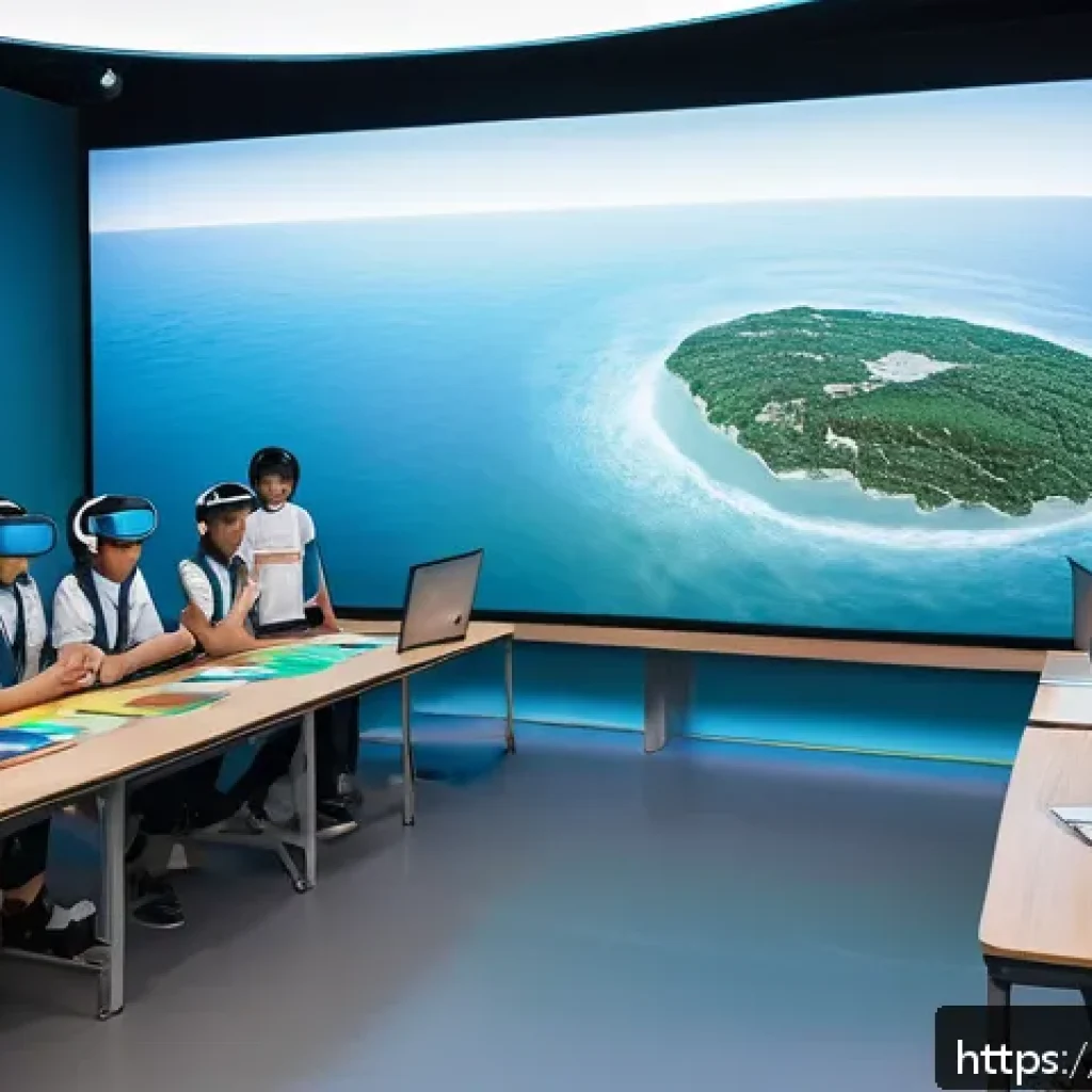 VR을 통한 학습 효율 증대 - A futuristic VR classroom scene set in a spacious, well-lit virtual environment where diverse studen...