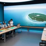 VR을 통한 학습 효율 증대 - A futuristic VR classroom scene set in a spacious, well-lit virtual environment where diverse studen...