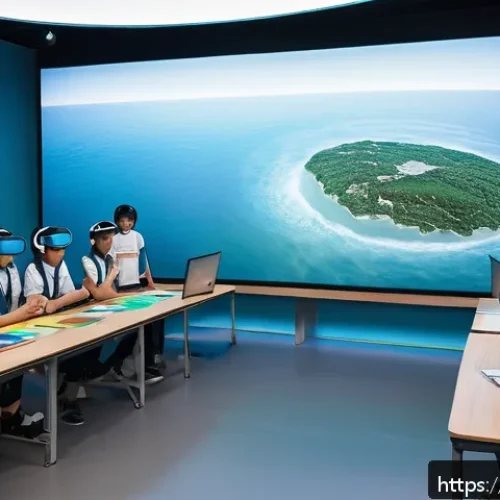VR을 통한 학습 효율 증대 - A futuristic VR classroom scene set in a spacious, well-lit virtual environment where diverse studen...