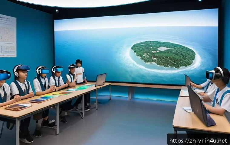 VR을 통한 학습 효율 증대 - A futuristic VR classroom scene set in a spacious, well-lit virtual environment where diverse studen...