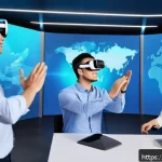 VR의 잠재력 - A diverse group of professionals wearing business casual attire, participating in a highly immersive...