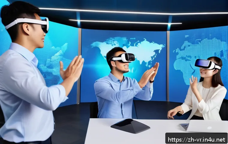 VR의 잠재력 - A diverse group of professionals wearing business casual attire, participating in a highly immersive...