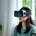 VR 치유 프로그램 - A serene virtual reality therapy session scene showing a young adult woman wearing a VR headset and ...