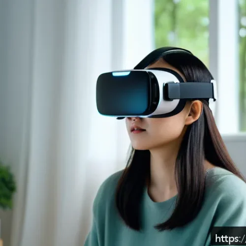 VR 치유 프로그램 - A serene virtual reality therapy session scene showing a young adult woman wearing a VR headset and ...