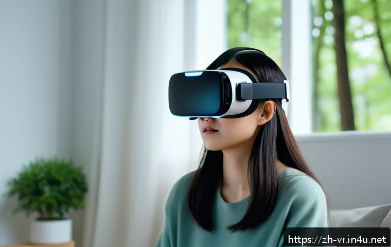 VR 치유 프로그램 - A serene virtual reality therapy session scene showing a young adult woman wearing a VR headset and ...