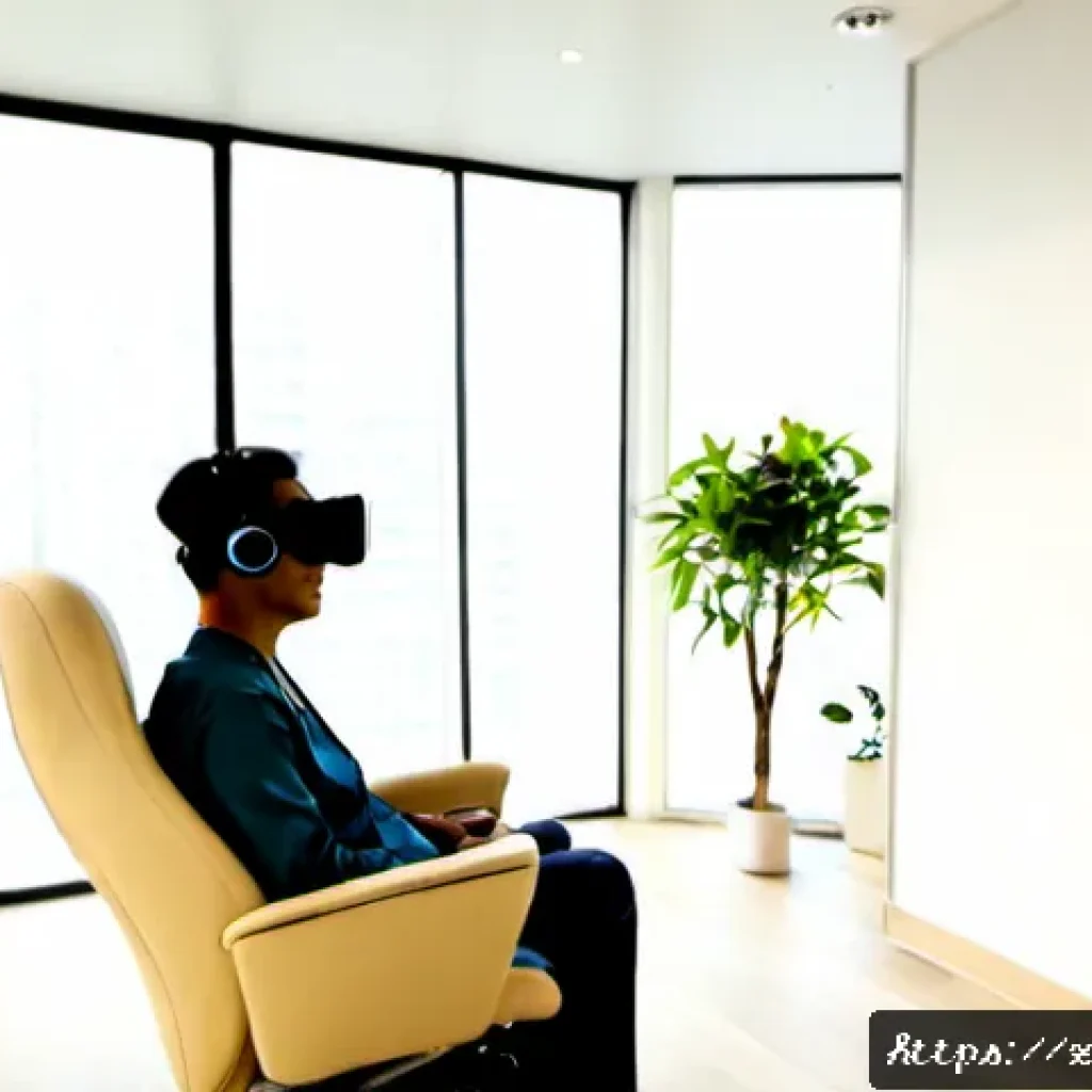 VR 치료법 - Photorealistic VR therapy session in a calm modern clinic, an adult patient wearing a sleek virtual ...