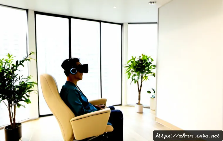 VR 치료법 - Photorealistic VR therapy session in a calm modern clinic, an adult patient wearing a sleek virtual ...