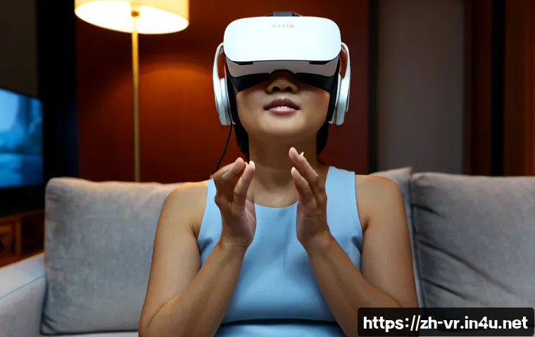 VR 드라마 체험 - Photorealistic living-room VR drama experience, an East Asian middle-aged woman wearing a sleek wire...