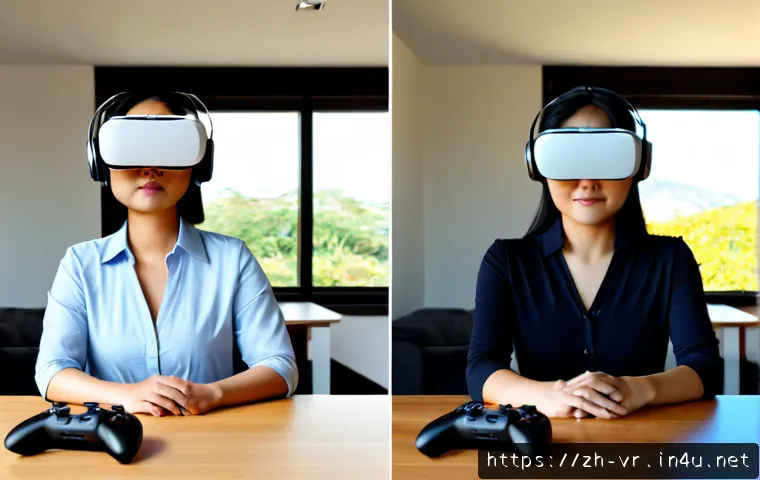 가상현실 제품 리뷰 - Photorealistic home technology review scene, a middle-aged Asian woman wearing a sleek unbranded vir...