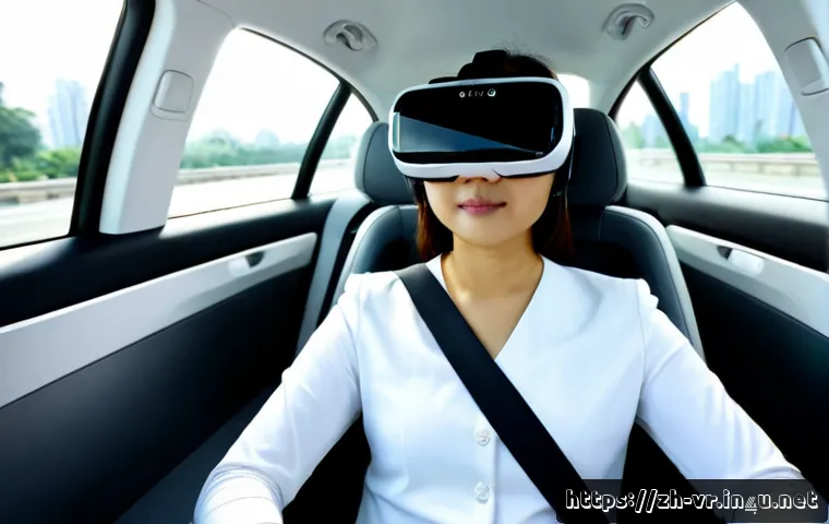 VR과 자율 주행차 - Photorealistic scene inside a modern autonomous electric car, a middle-aged woman wearing a sleek VR...