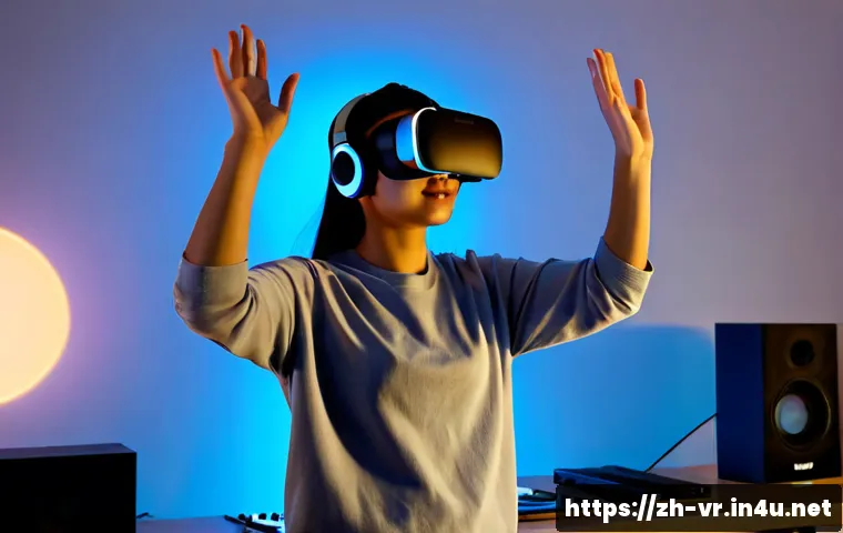 VR로 음악 체험 - Photorealistic young adult wearing a sleek virtual reality headset and comfortable casual clothing, ...