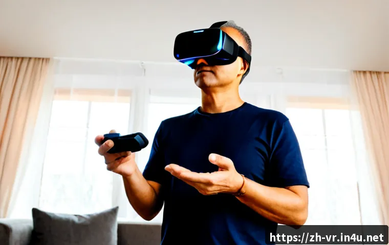 VR 기기 사용자 인터페이스 UI - Photorealistic modern living room, a middle-aged adult wearing a sleek standalone VR headset and usi...